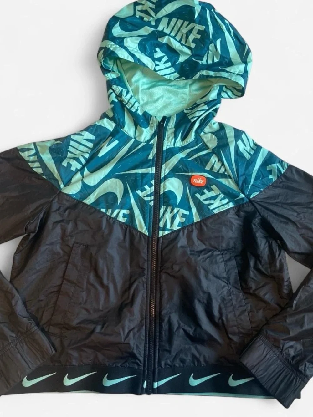 Nike Kids Windbreaker Jacket Youth XL – Black + Teal Mint Logo Print Hooded
